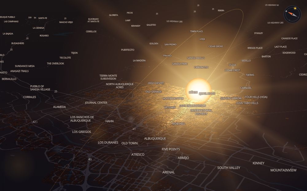 Glare's 3D map of Albuquerque with the sun on today's arc