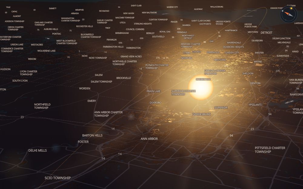Glare's 3D map of Ann Arbor with the sun on today's arc