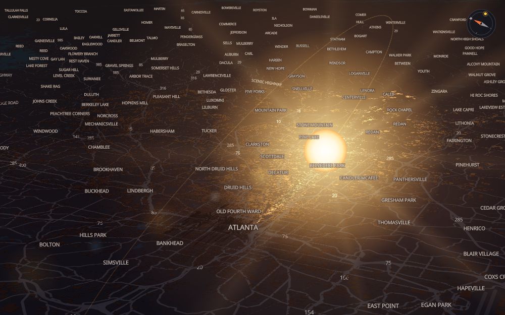 Glare's 3D map of Atlanta with the sun on today's arc