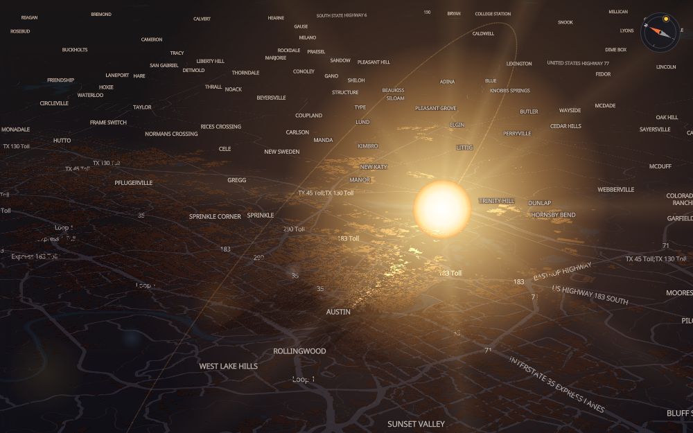 Glare's 3D map of Austin with the sun on today's arc