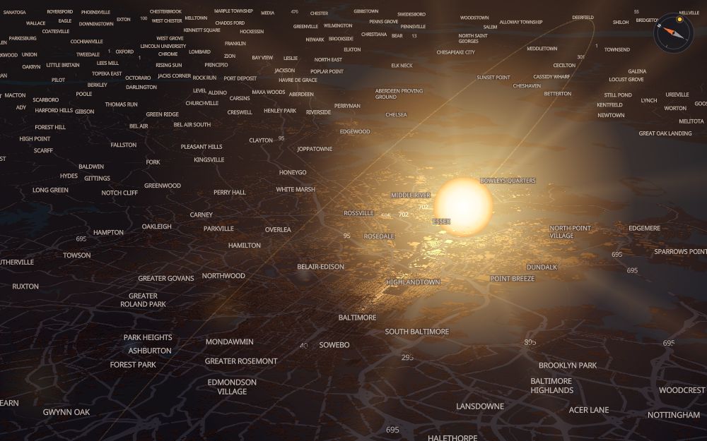 Glare's 3D map of Baltimore with the sun on today's arc