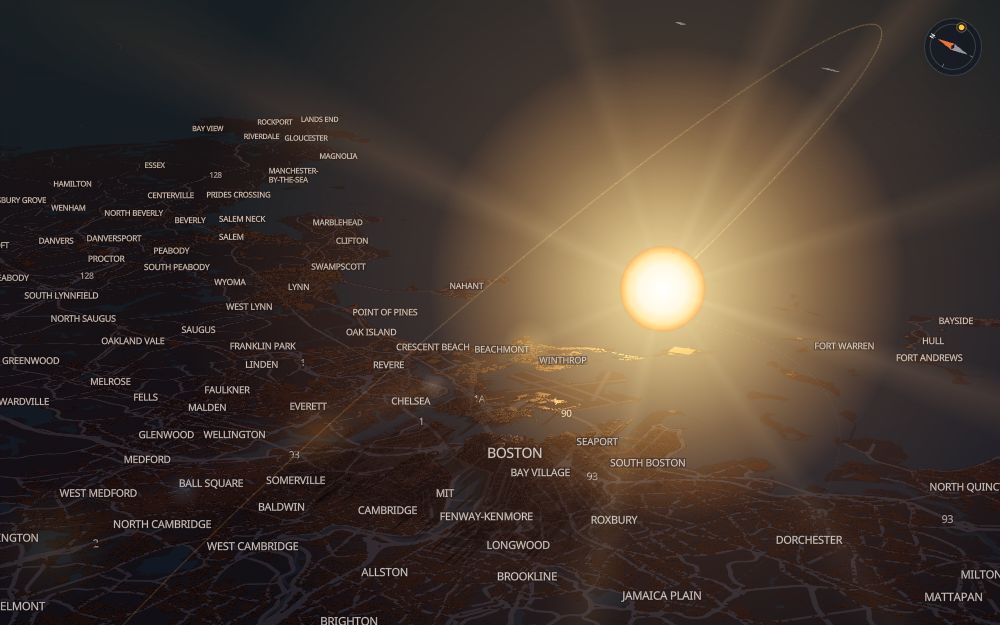 Glare's 3D map of Boston with the sun on today's arc