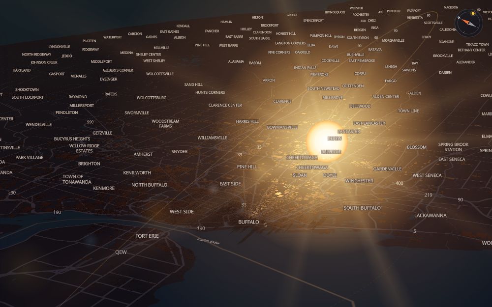 Glare's 3D map of Buffalo with the sun on today's arc