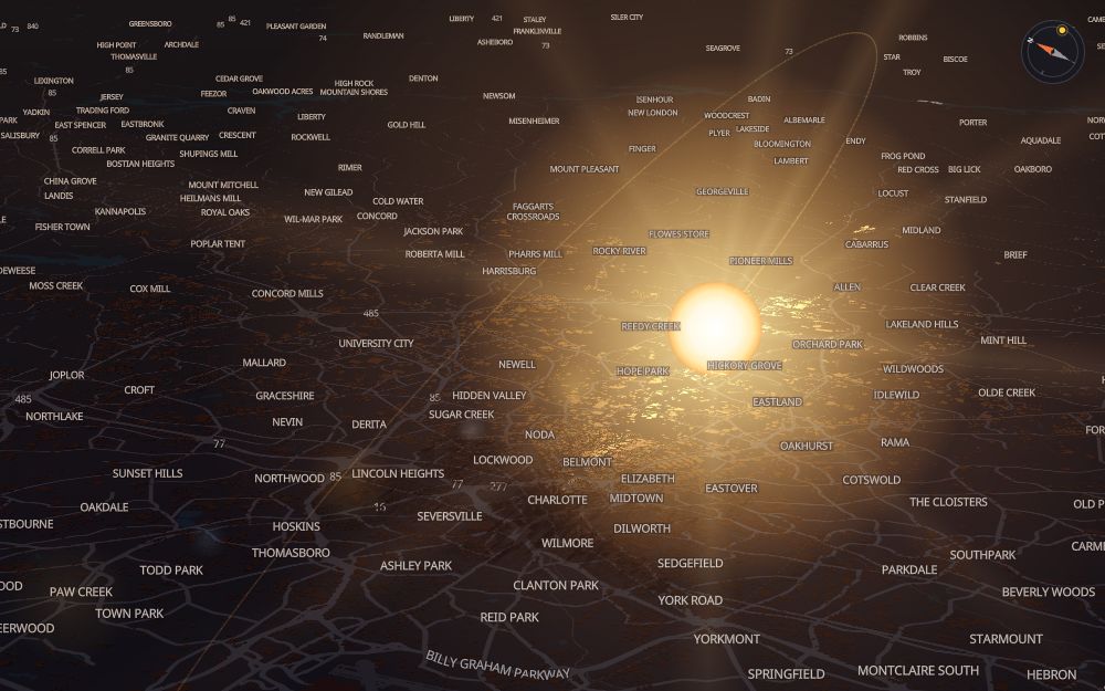 Glare's 3D map of Charlotte with the sun on today's arc