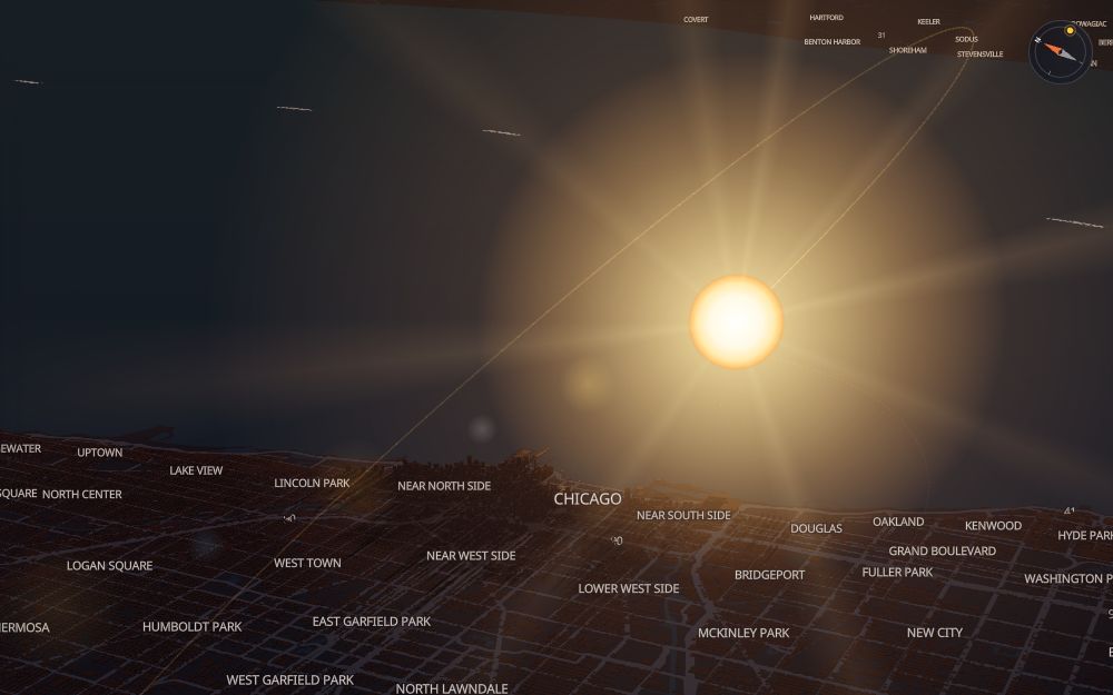 Glare's 3D map of Chicago with the sun on today's arc