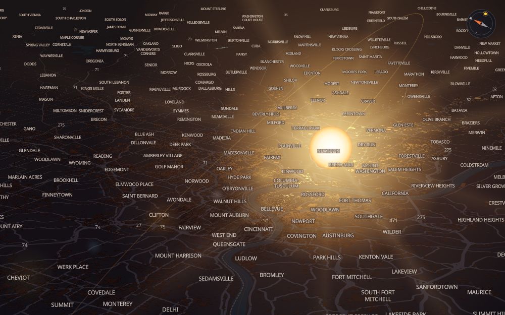 Glare's 3D map of Cincinnati with the sun on today's arc