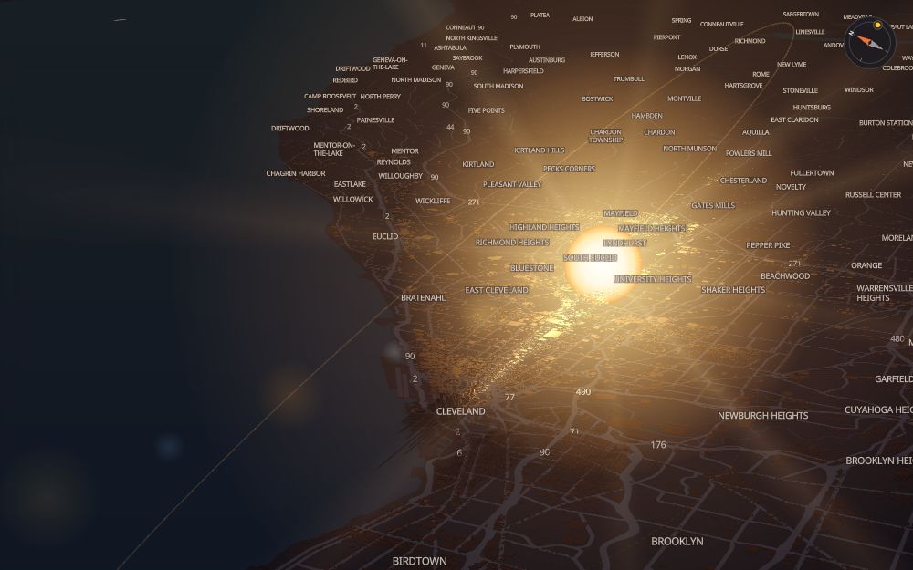 Glare's 3D map of Cleveland with the sun on today's arc