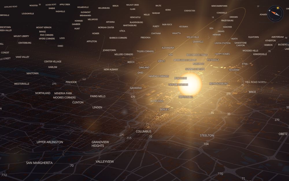 Glare's 3D map of Columbus with the sun on today's arc