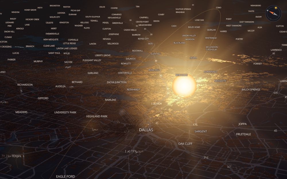 Glare's 3D map of Dallas with the sun on today's arc