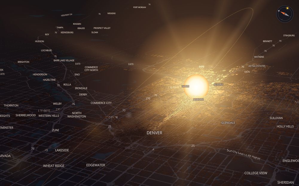 Glare's 3D map of Denver with the sun on today's arc