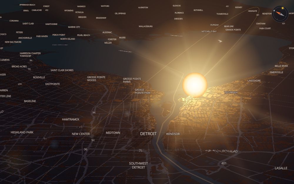 Glare's 3D map of Detroit with the sun on today's arc