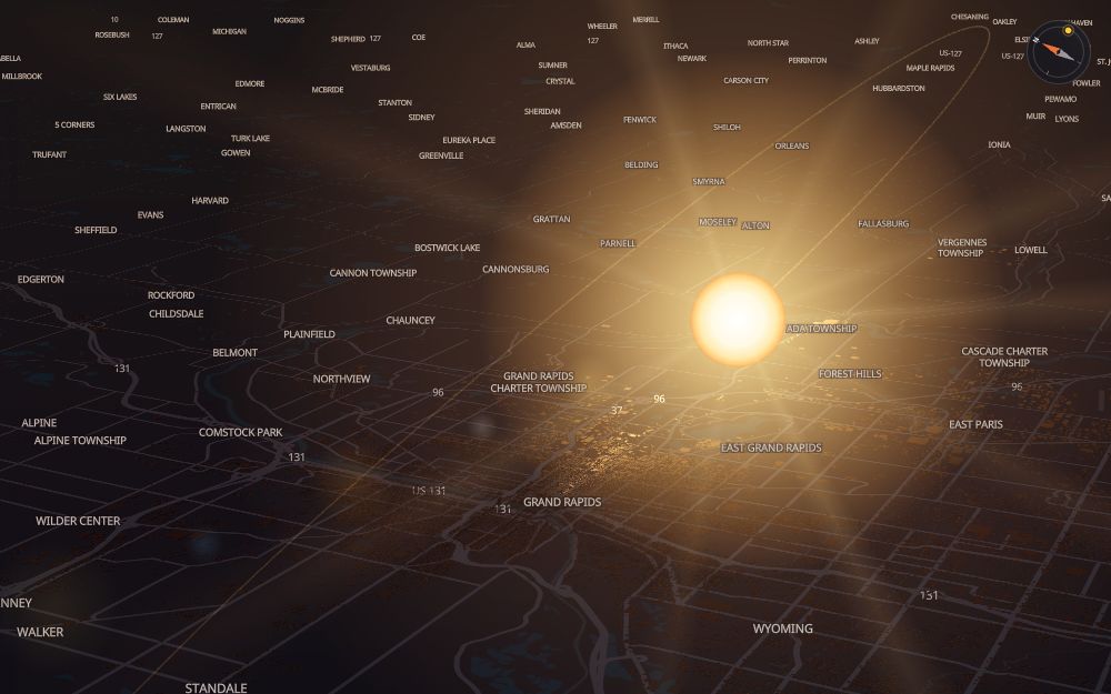 Glare's 3D map of Grand Rapids with the sun on today's arc