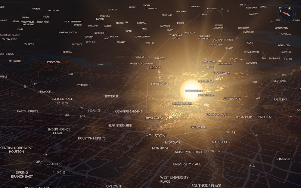Glare's 3D map of Houston with the sun on today's arc