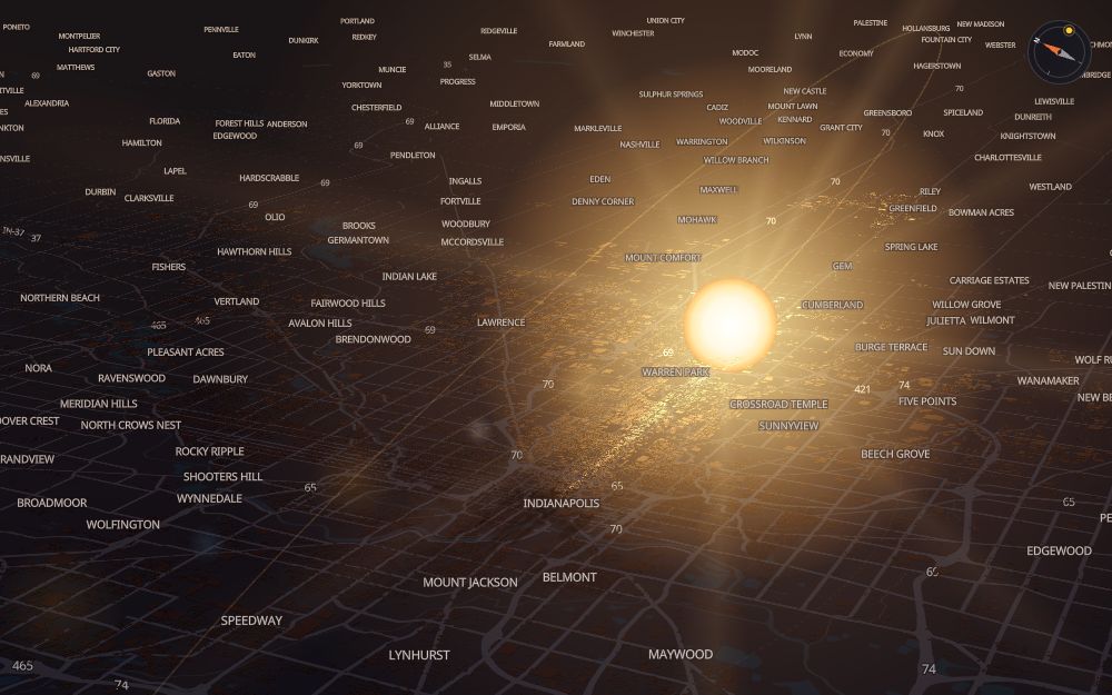 Glare's 3D map of Indianapolis with the sun on today's arc