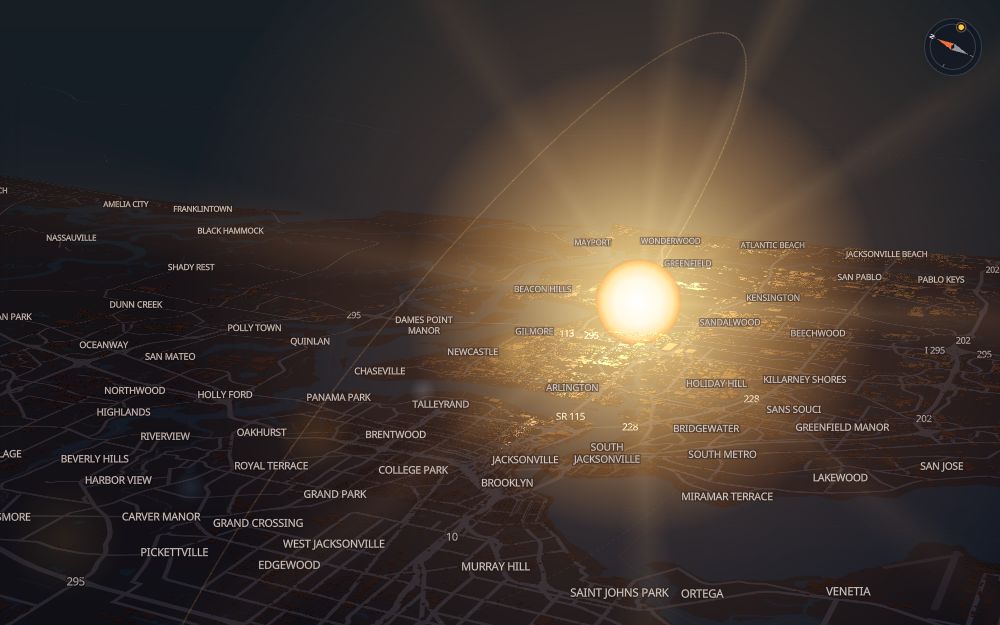 Glare's 3D map of Jacksonville with the sun on today's arc