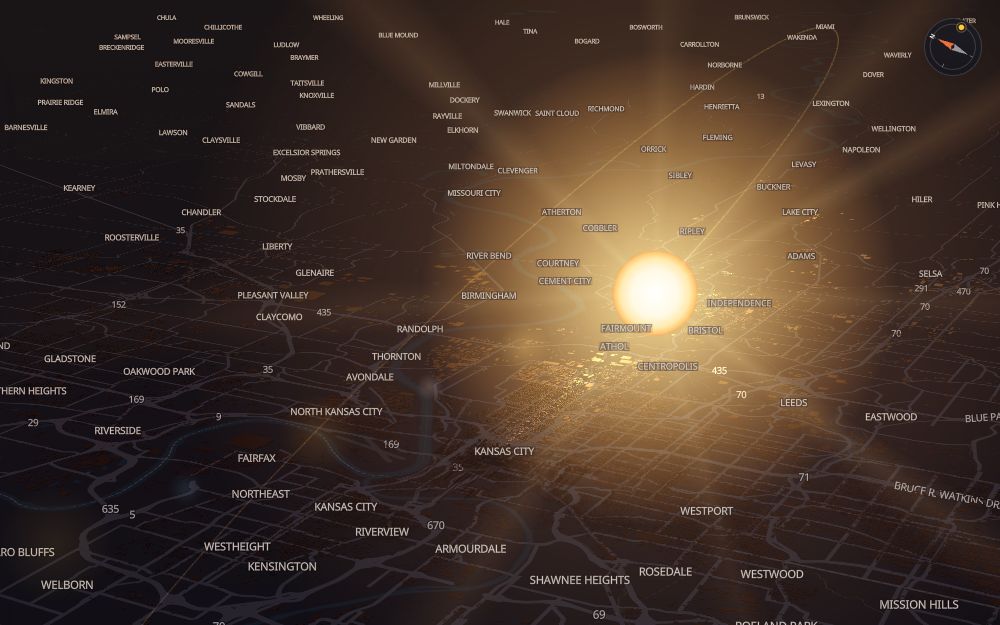 Glare's 3D map of Kansas City with the sun on today's arc