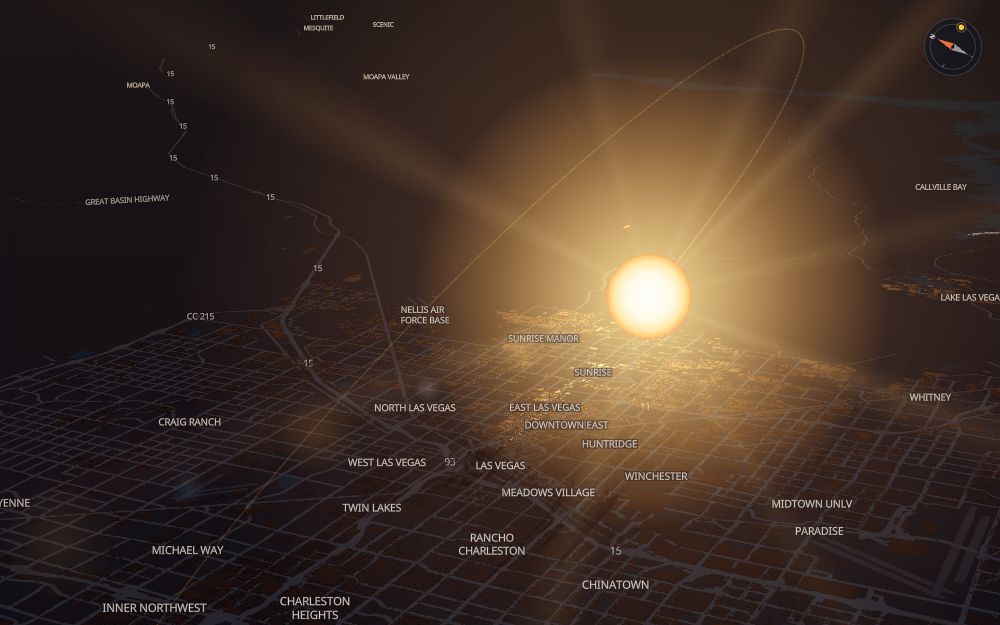 Glare's 3D map of Las Vegas with the sun on today's arc