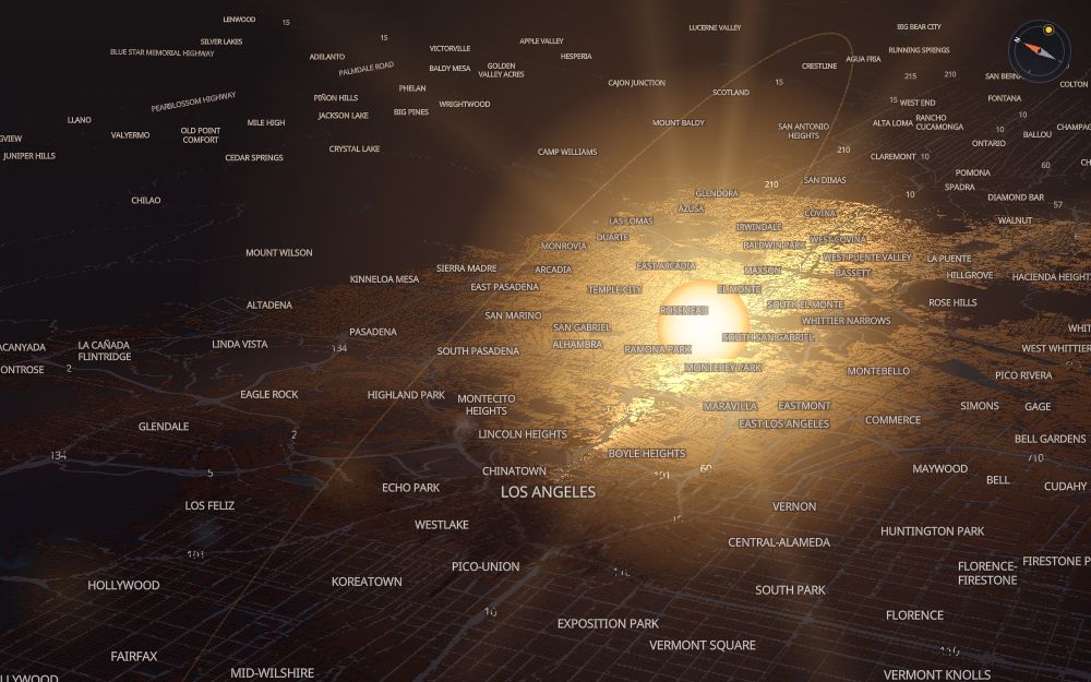 Glare's 3D map of Los Angeles with the sun on today's arc
