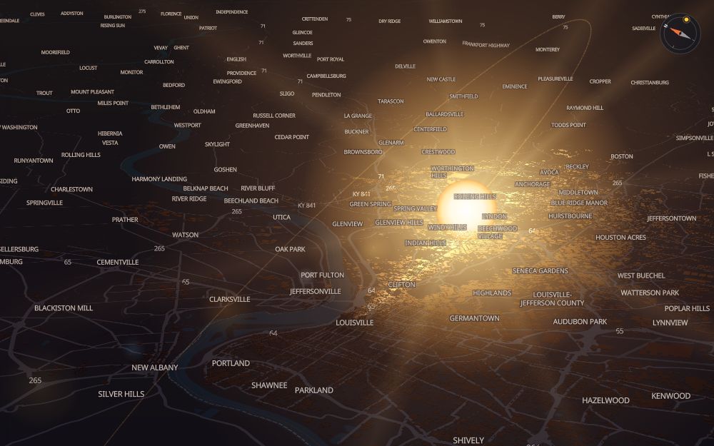 Glare's 3D map of Louisville with the sun on today's arc