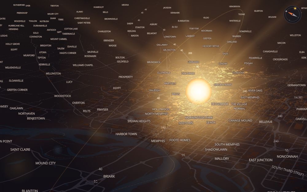 Glare's 3D map of Memphis with the sun on today's arc