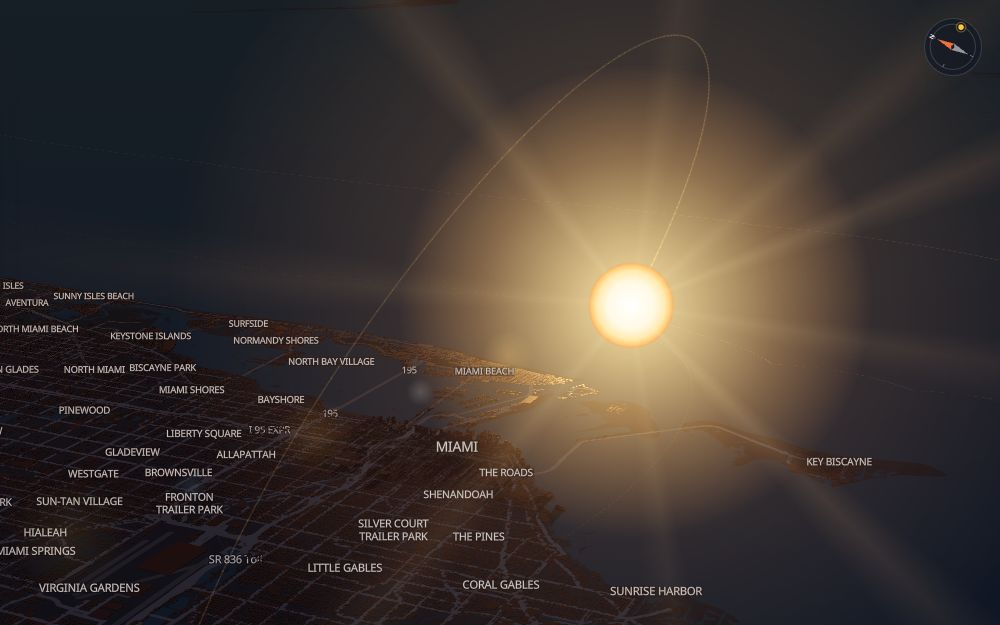 Glare's 3D map of Miami with the sun on today's arc