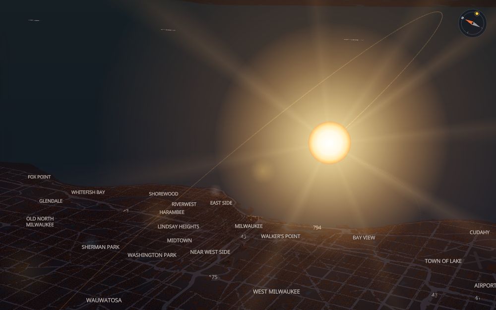 Glare's 3D map of Milwaukee with the sun on today's arc