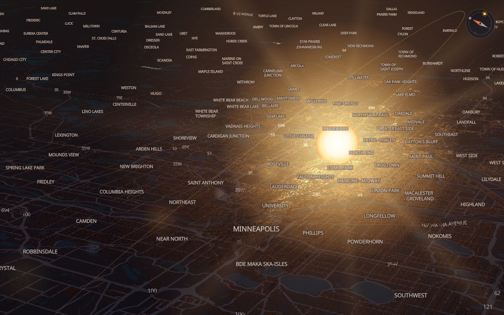 Glare's 3D map of Minneapolis with the sun on today's arc