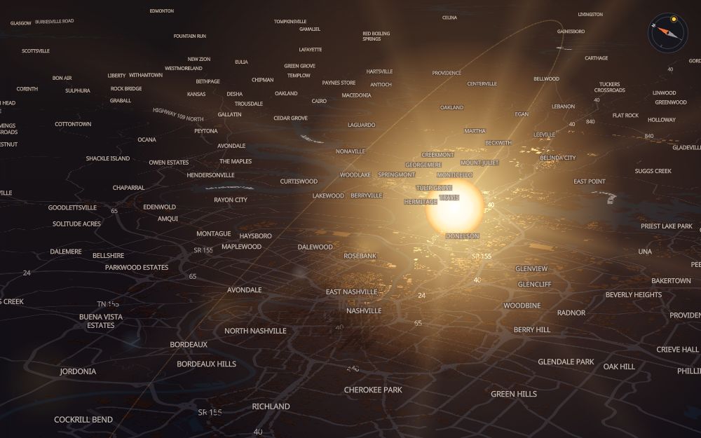 Glare's 3D map of Nashville with the sun on today's arc