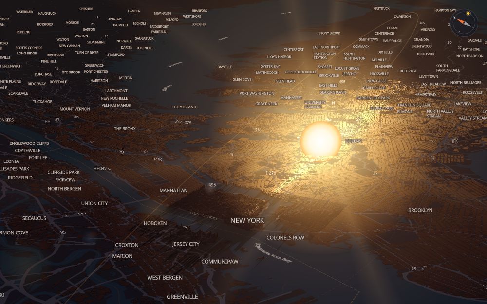 Glare's 3D map of New York with the sun on today's arc
