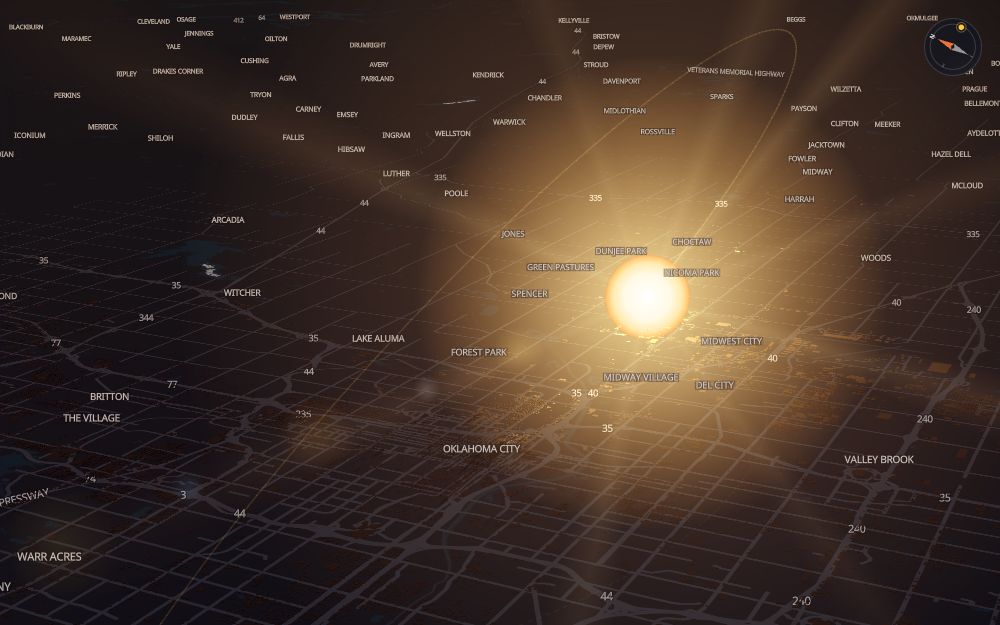 Glare's 3D map of Oklahoma City with the sun on today's arc