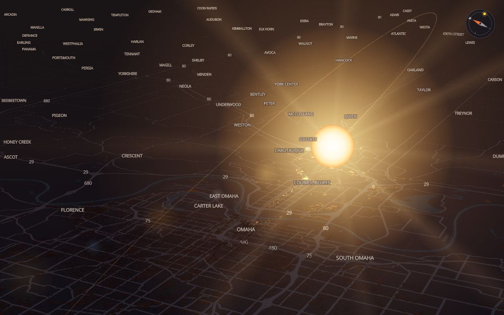 Glare's 3D map of Omaha with the sun on today's arc