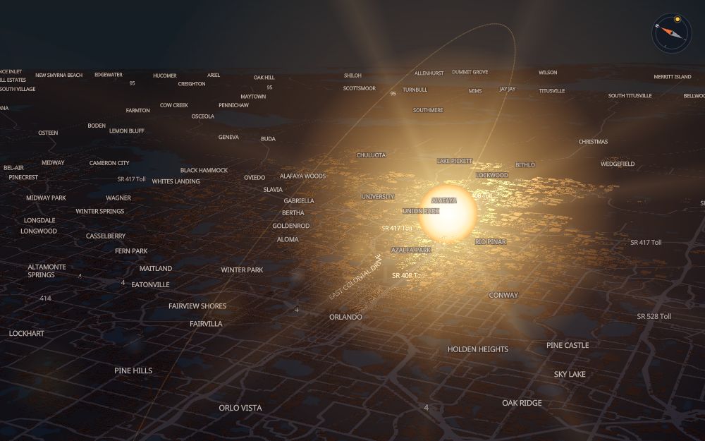 Glare's 3D map of Orlando with the sun on today's arc