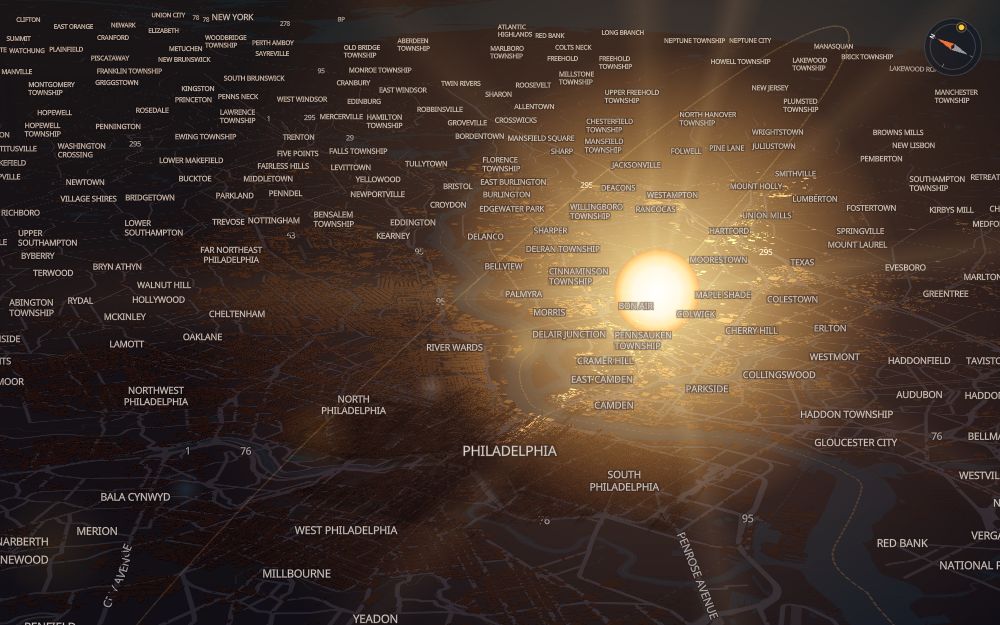 Glare's 3D map of Philadelphia with the sun on today's arc