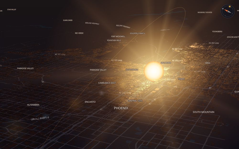 Glare's 3D map of Phoenix with the sun on today's arc