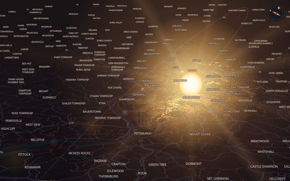 Glare's 3D map of Pittsburgh with the sun on today's arc