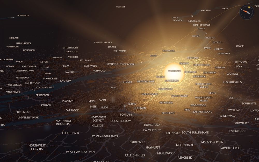 Glare's 3D map of Portland with the sun on today's arc