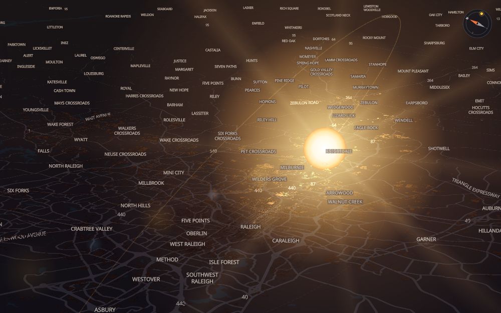 Glare's 3D map of Raleigh with the sun on today's arc