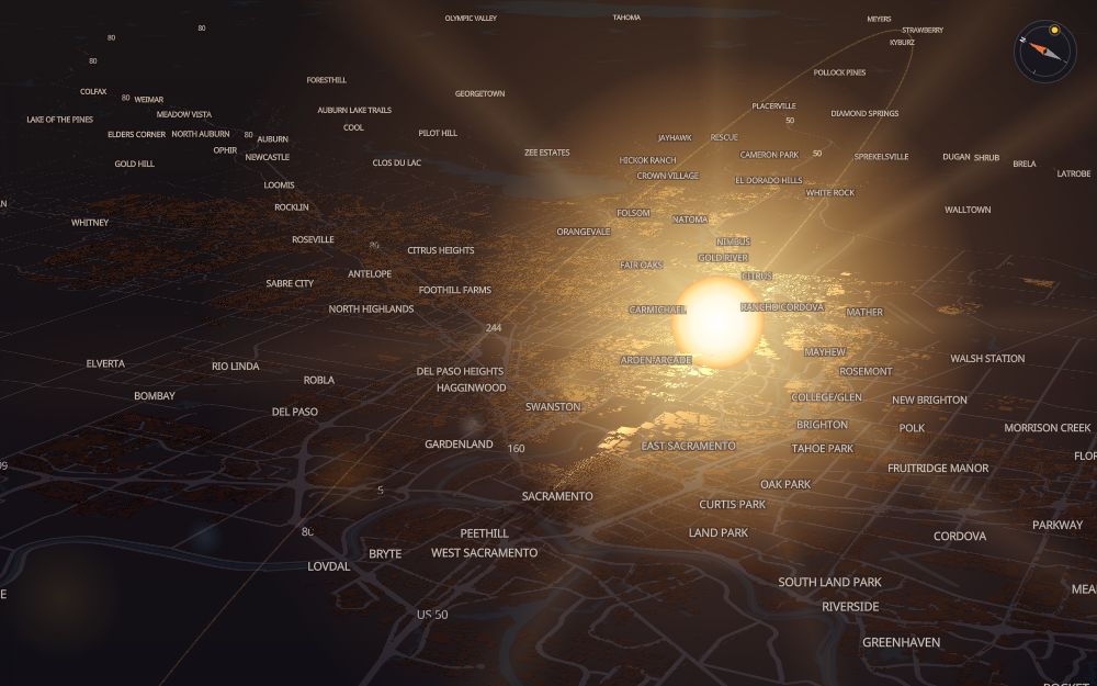 Glare's 3D map of Sacramento with the sun on today's arc