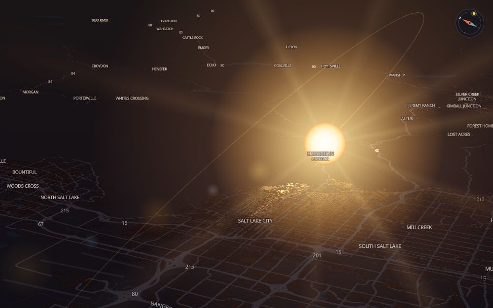 Glare's 3D map of Salt Lake City with the sun on today's arc
