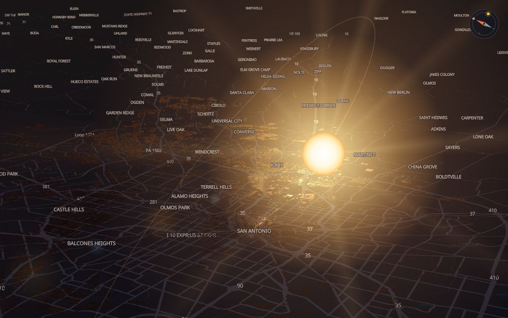 Glare's 3D map of San Antonio with the sun on today's arc