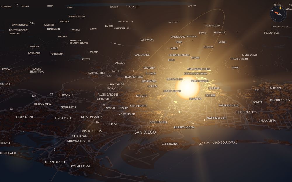 Glare's 3D map of San Diego with the sun on today's arc