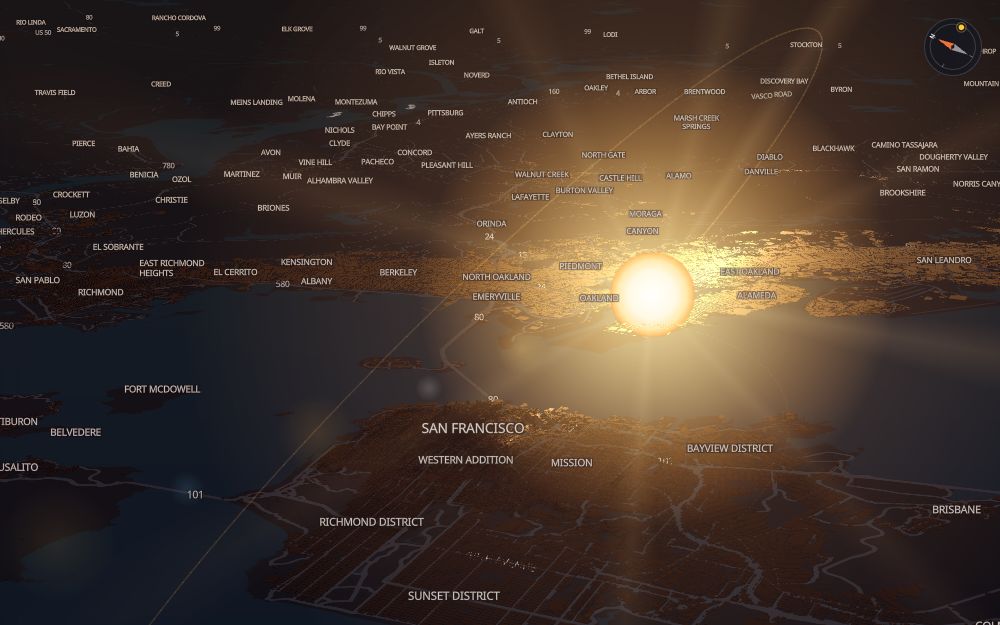 Glare's 3D map of San Francisco with the sun on today's arc