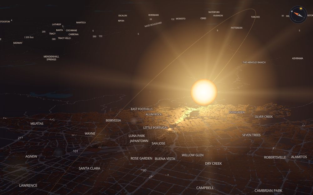 Glare's 3D map of San Jose with the sun on today's arc