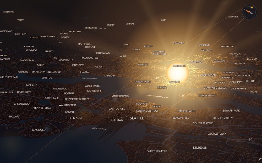 Glare's 3D map of Seattle with the sun on today's arc
