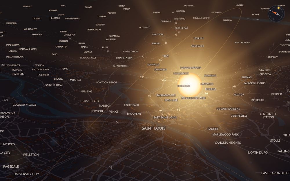 Glare's 3D map of St. Louis with the sun on today's arc