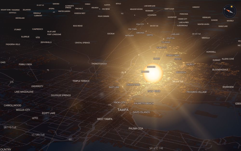 Glare's 3D map of Tampa with the sun on today's arc