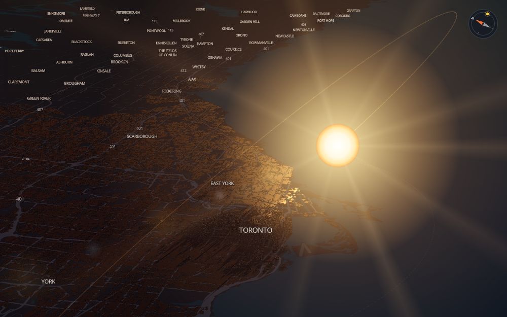 Glare's 3D map of Toronto with the sun on today's arc