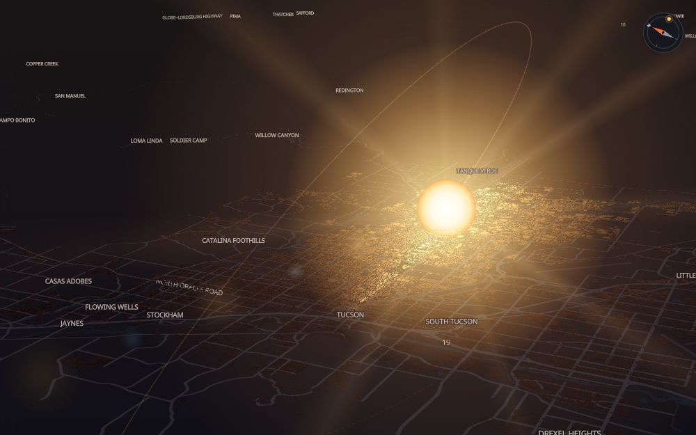 Glare's 3D map of Tucson with the sun on today's arc