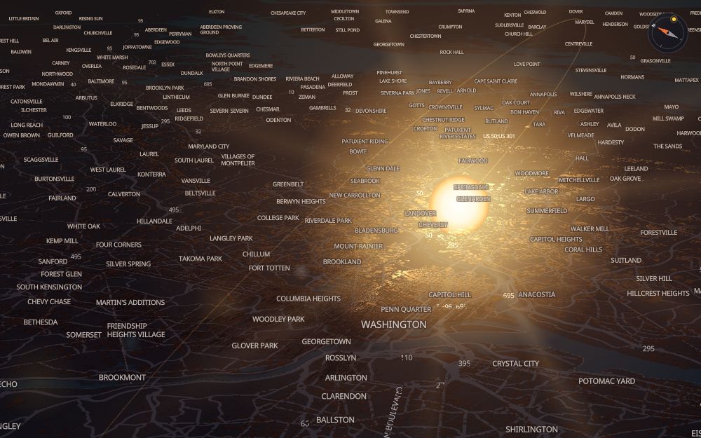 Glare's 3D map of Washington with the sun on today's arc
