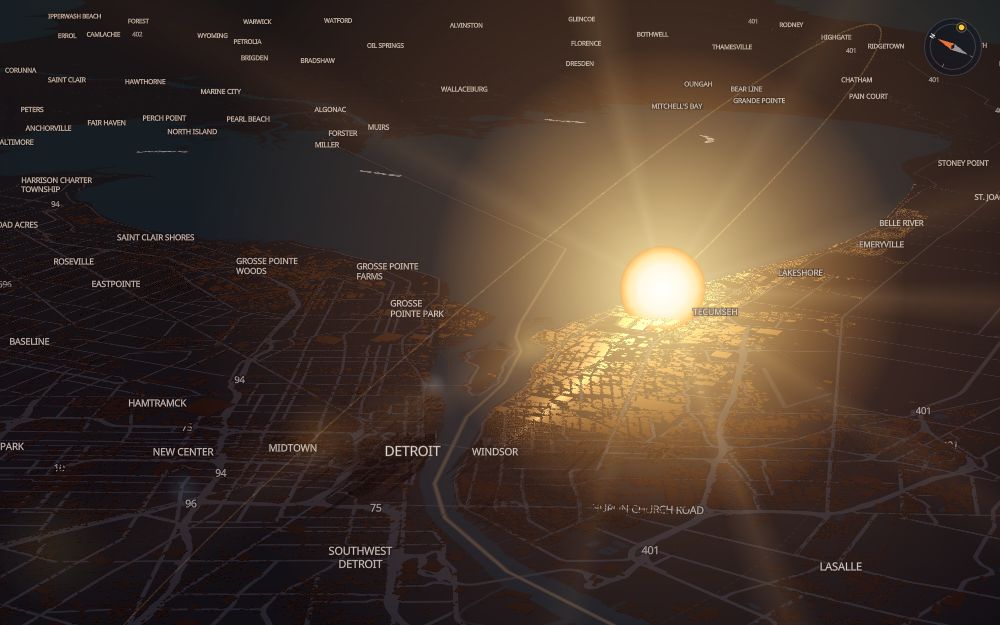 Glare's 3D map of Windsor with the sun on today's arc